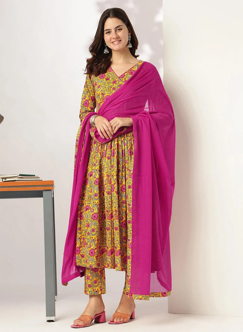ZERESOUQ Yellow Cotton  Floral Printed 3-Piece Kurta Set